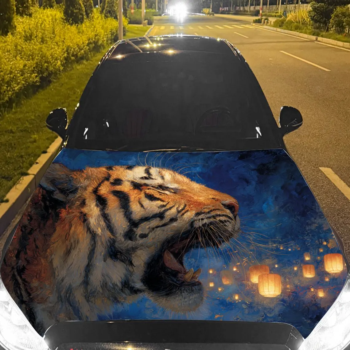 Autocollants de voiture tigre avec fourrure rayée, une express rugissante et une scène du ciel nocturne avec lanternes   Autocollant pour capot de voiture, auto-étanche -