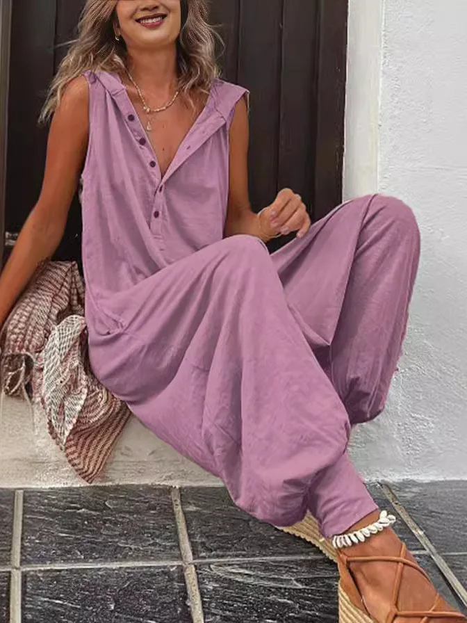 レディース ボタンアップ フード付き スウェット ジャンプスーツ ハイウエスト ロングパンツ ストリート スタイル ポリエステル生地 カジュアル 快適 スーツ