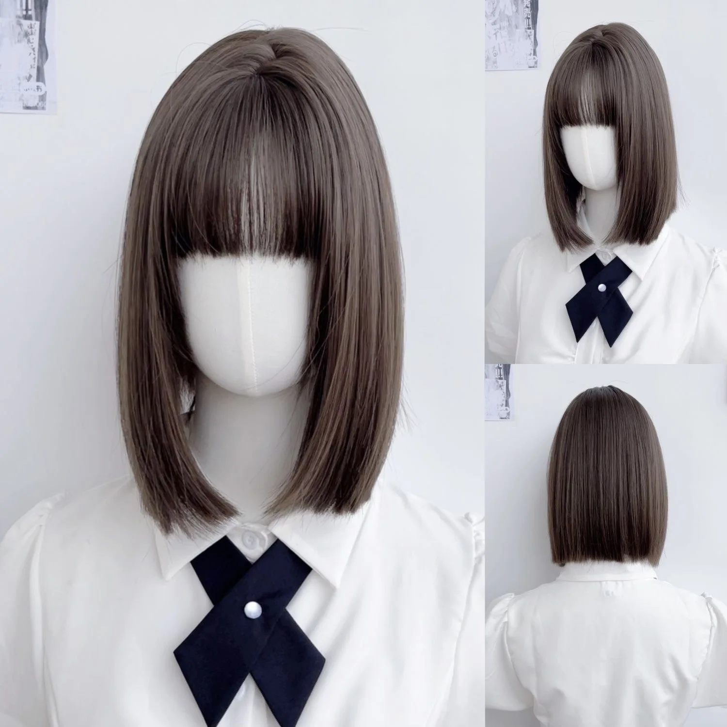 Short Straight Nature Lolita Bobo Synthetic Wigs with Bangs Cosplay Party Heat Resistant Hair Wig for Women Girls JK Accessories