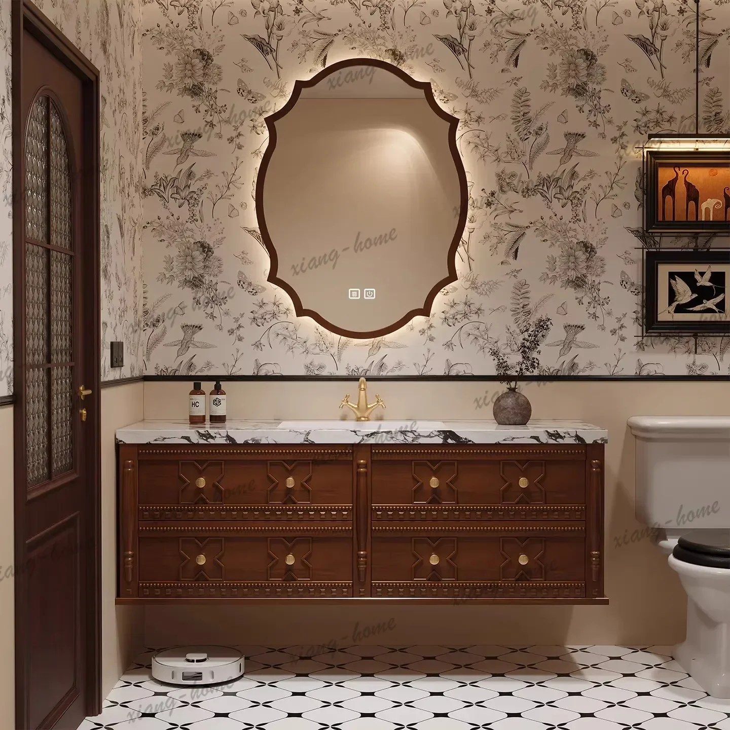 PG Cream-Colored Bathroom Vanity Unit With Integrated Ceramic Basin, French Style Bathroom Sink And Washbasin Cabinet