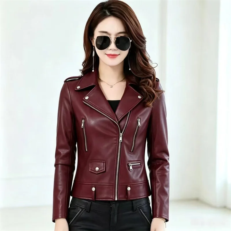 Women's High-end Short Motorcycle Leather Jacket Spring Autumn Coat New Slim Versatile Korean Leather Coat Top Casual Outerwear