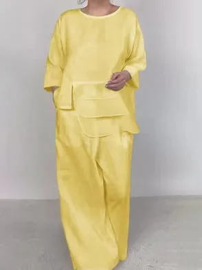 Ensemble décontracté à manches longues et col rond pour femme, pantalon large, haut irrégulier, mode bureau, printemps, automne, 2024, 2 pièces