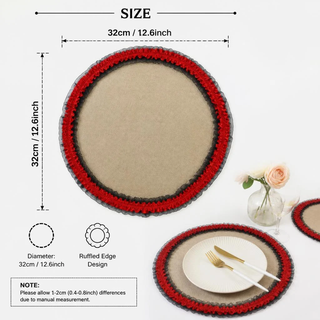 Red and black double ruffled round placemats Jute retro pastoral style Daily dining set plate afternoon tea desktop decoration