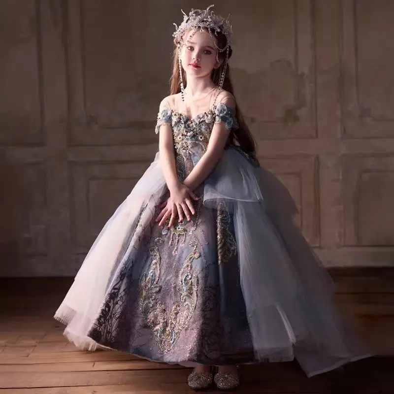 Jill Wish J249 Luxury Vintage Crystal Flower Girl Dress Arabic Appliques for Princess Kids Birthday Wedding Party Pageant Gown