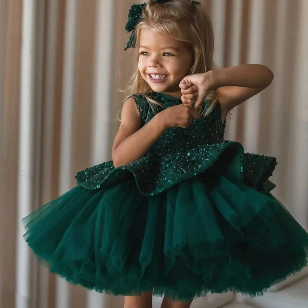 Vestido de menina florido inchado infantil, Brilhando Tule, Arcos, Lantejoula de brilho, Altura do joelho, Aniversário, Vestido de concurso, Verde, Casamento