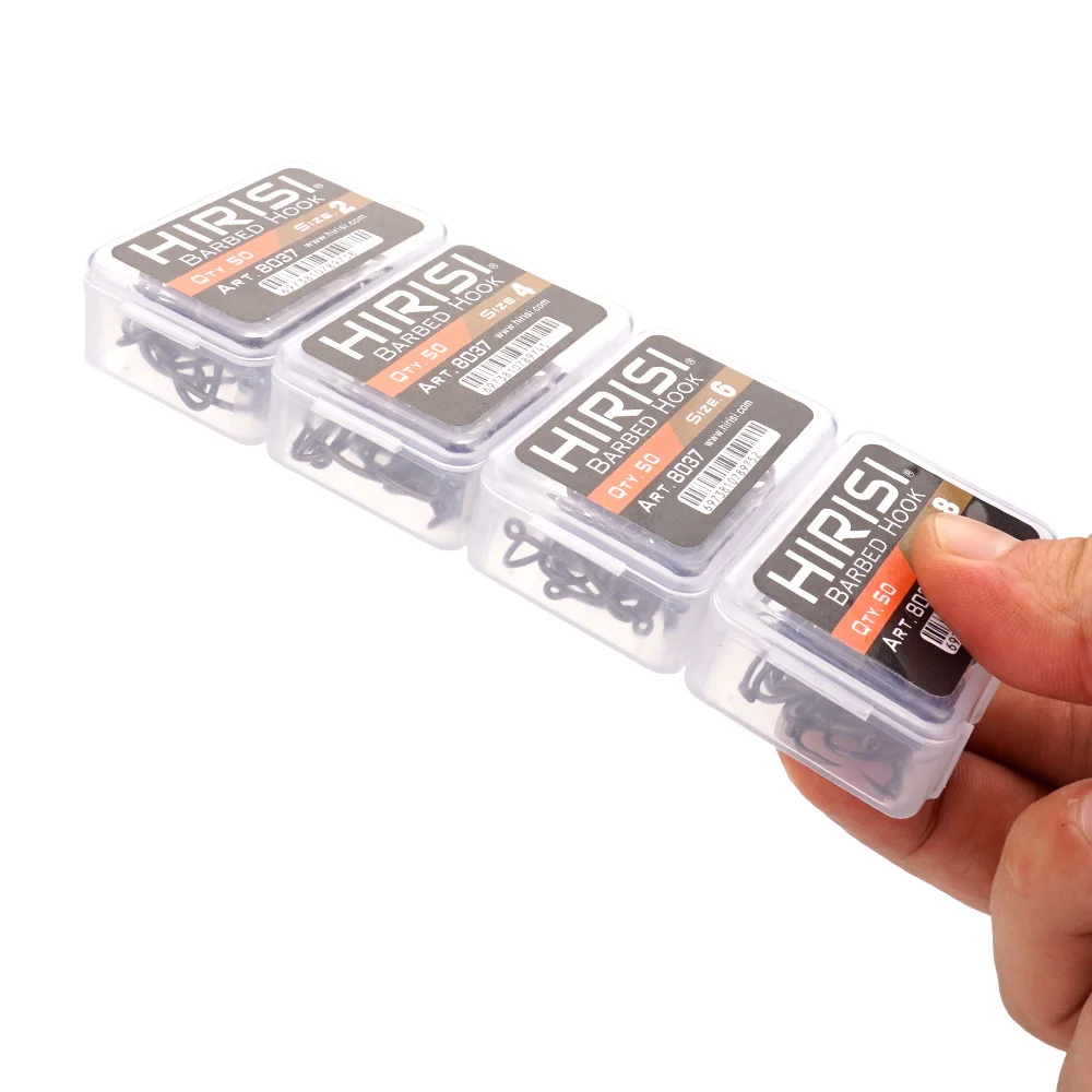 Hirisi 50 قطعة عالية الكربون الفولاذ المقاوم للصدأ مايكرو الشائكة خطاف الصيد PTFE المغلفة لصق صندوق الصيد هوك الصيد اكسسوارات 8037