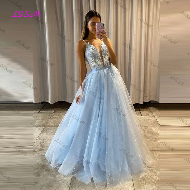 LISM Glitter Tulle Appliques Prom Dress with Detachable Train Sweetheart 2 Pieces Long Evening Gowns Serenity Blue Party Dresses