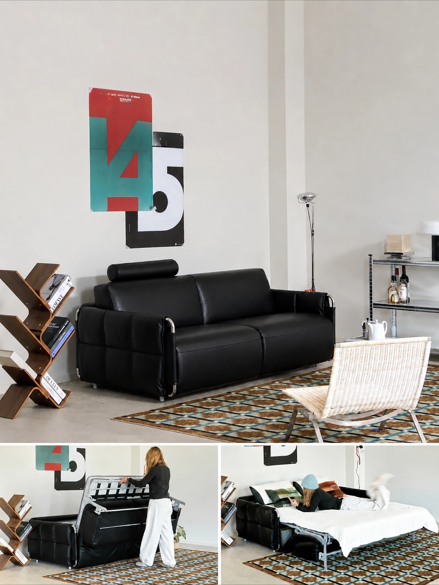 Sea salt sofa bed, first layer cowhide Bauhaus medieval stainless steel folding dual-purpose small apartment sofa