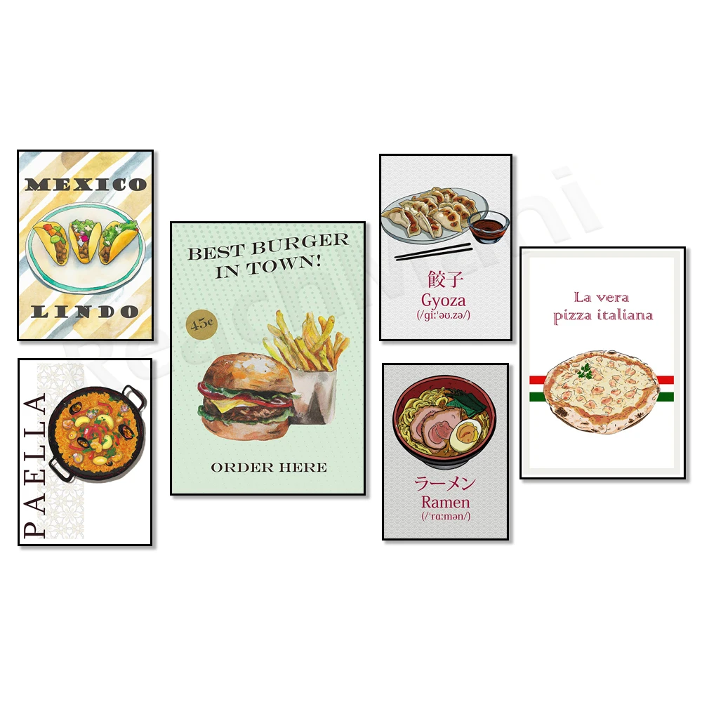 Vintage Japanese Ramen, Traditional Spanish Paella, Mexican Tacos, La Vera Italian Pizza, Burgers, American Diner Style Poster