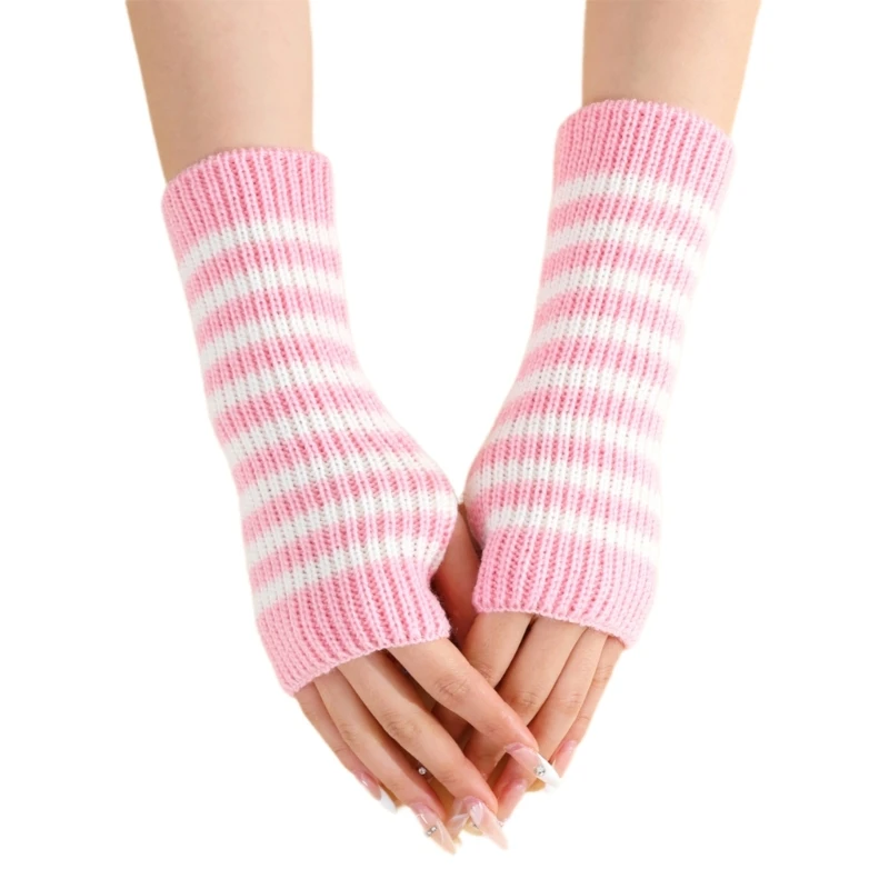 1pair Unisex Stripes Gloves Women Winter Mittens Fashionable Knitted Gloves K3KF