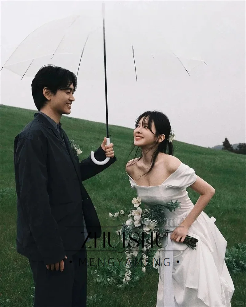 シンプルなオフショルダー A ラインのウェディングドレス韓国写真撮影袖ソフトサテンカントリーブライダルドレスコルセットバックカスタマイズ