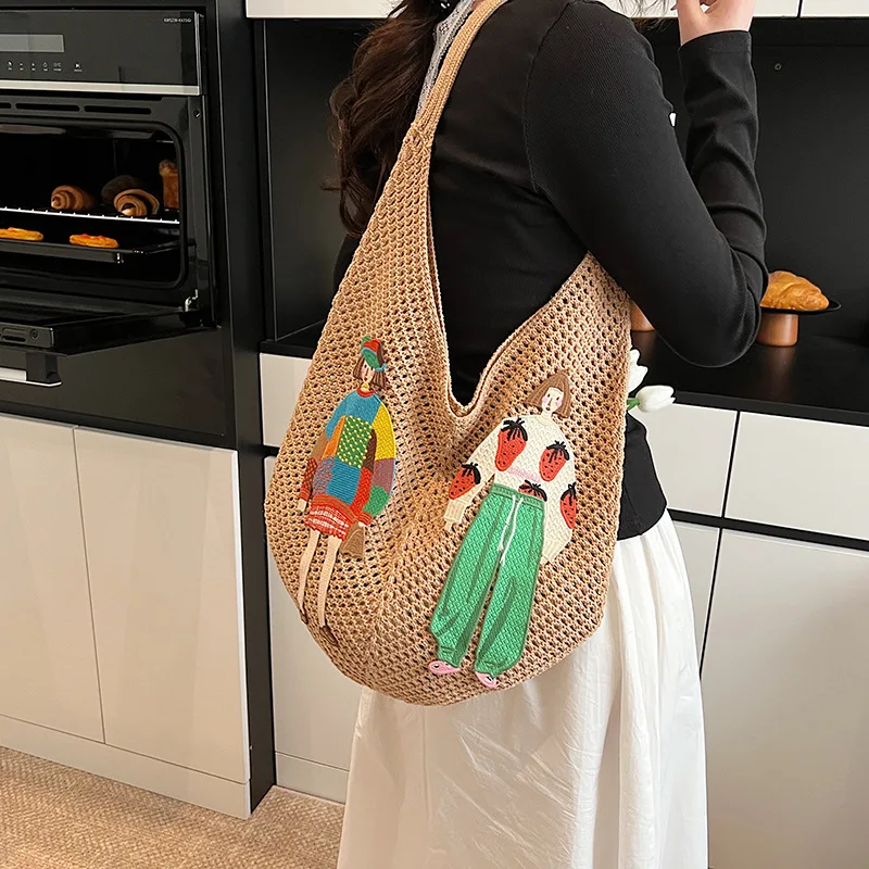 

Hollow Mesh Knitted Shoulder Bag,Beach Vacation Slouchy Chic Cartoon Designer Tote Bag,Lightweight Casual Woven Women Handbag