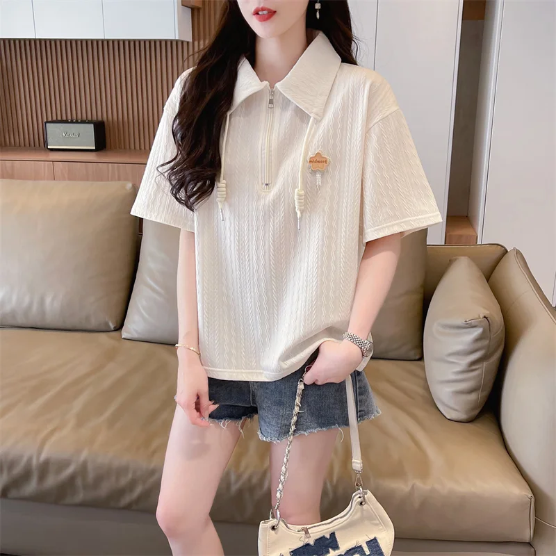 

Summer Zipper Pullover Turn-down Collar Solid Paisley Bandage Drawstring Short Sleeve T-shirt Fashion Women's Clothing Tops