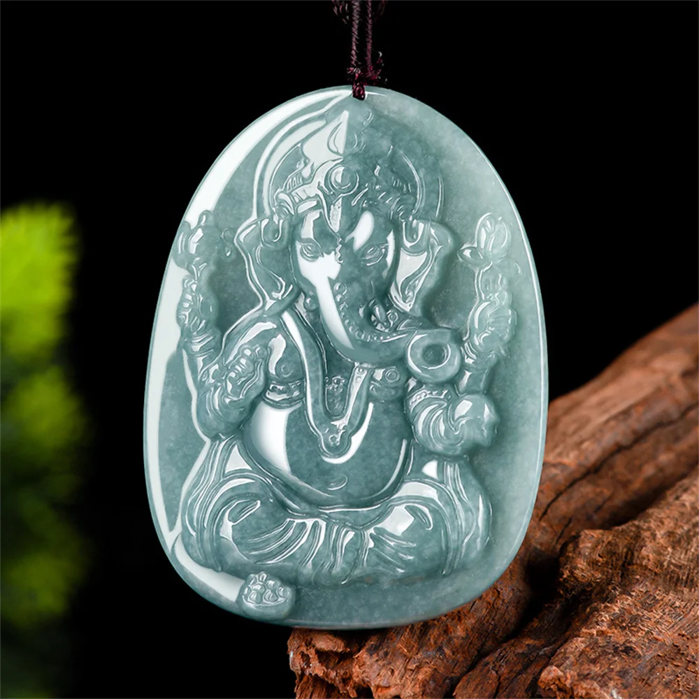 Trendy Natural Green Jadeite Carved Elephant Nose Wealth God Lucky Pendant Amulet Necklace Certificate Luxury Jade Gift Jewelry