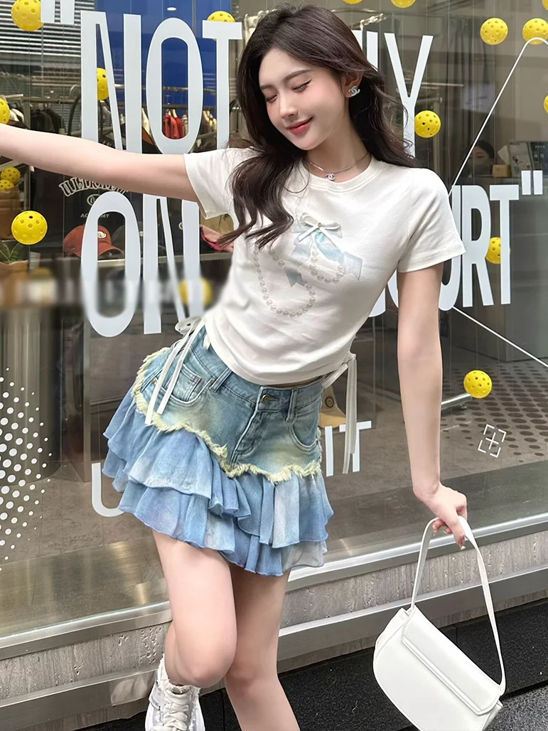 Korea Denim Ladies Skirts Summer New Personalized Girl Spliced High Waisted A-Line Raw Edge Pleated Short Skirt Women's Clothing