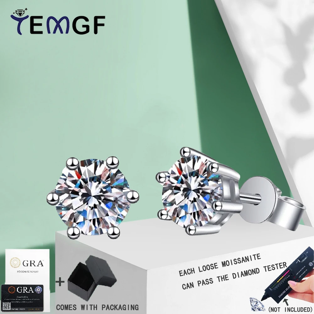 

TEMGF 1 Pair Moissanite Stud Earrings 6 Prong 925 Sterling Silver Classic Fine Jewelry With GRA for Women Fashion Birthday Gifts