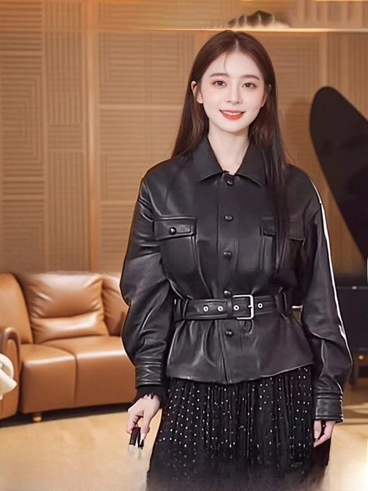 

Женская короткая стеганая кожаная куртка из овчины с утяжкой на талии, в корейском стиле, весна-осень, из натуральной кожи Хайнин