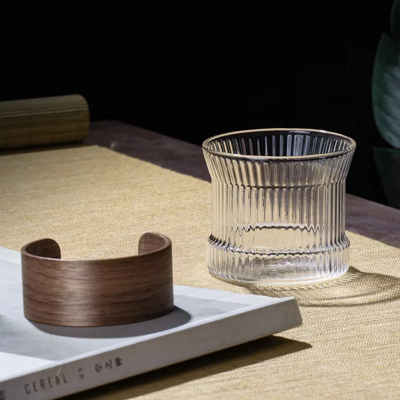 PARACITY Glass Cup Japanese Transparent Heat-Resistant Flower Tea Cups Walnut Anti-Scalding Sleeve Design Coffee Cup