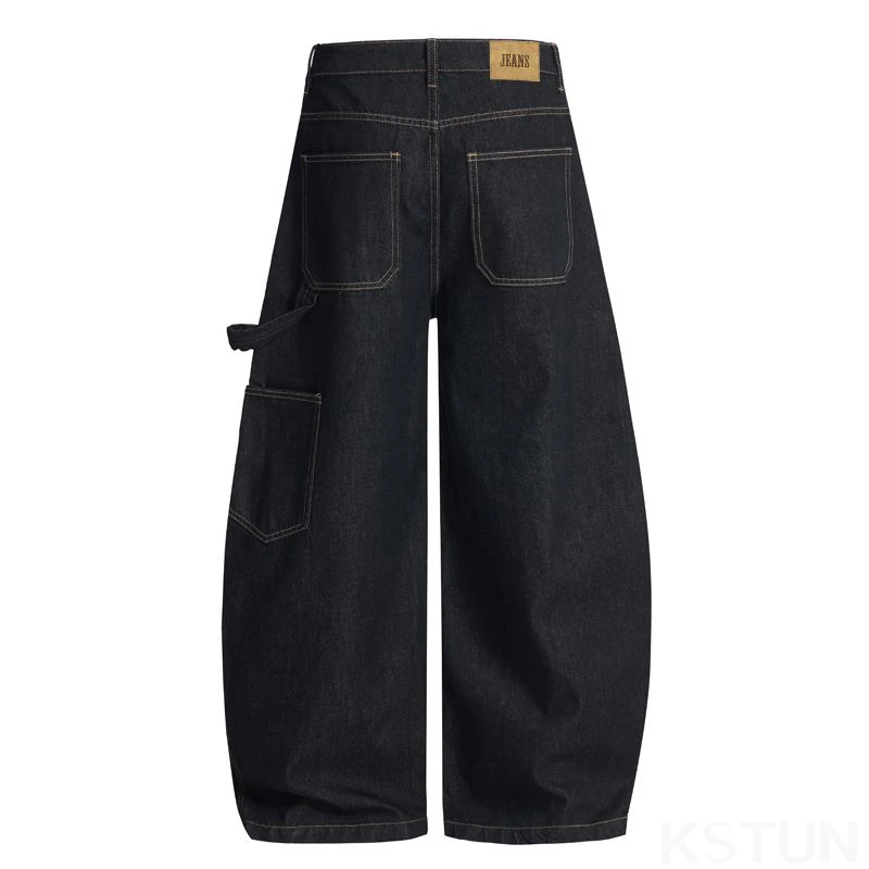KSTUN Vintage Denim Black Jeans Men Wide Leg Loose Fitness Curved Pants Patchwork Mopping Pant Streetwear Full Length Trousers