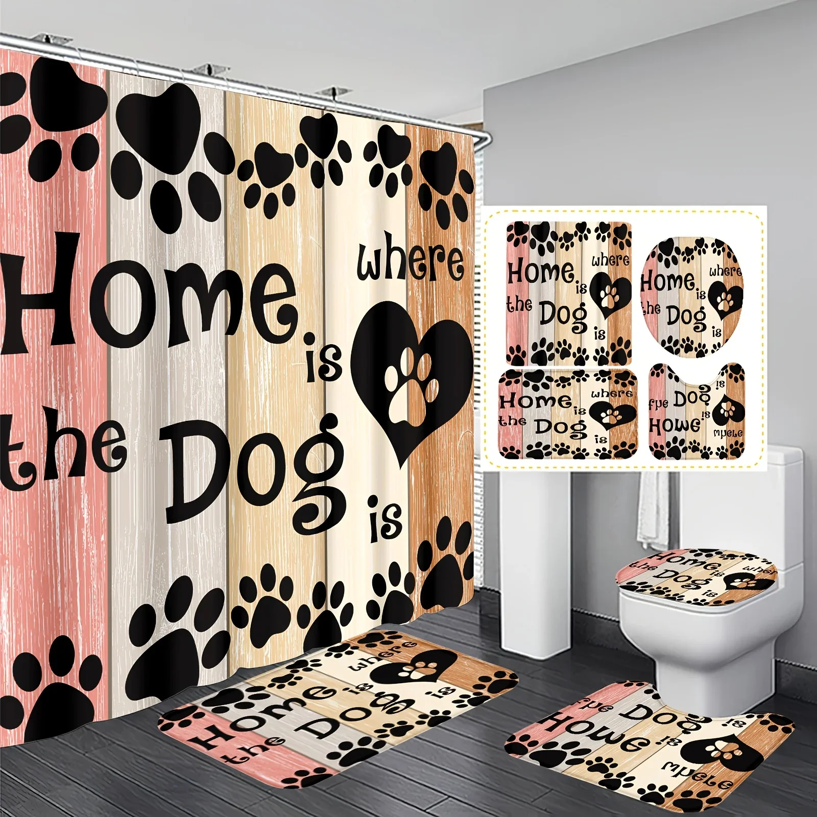 

Home is Where the Dog Is Bathroom 4-Piece Set: Shower Curtain, Bath Mat, Toilet Cover, Tank Cover – Cozy and Welcoming Decor