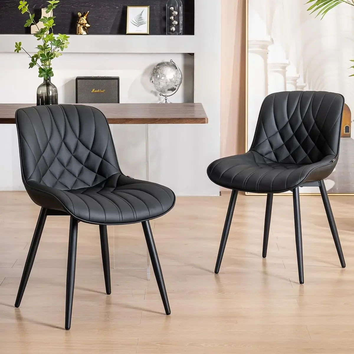 Black Dining Chairs Set of 2 Modern Upholstered Kitchen Chair Comfortable PU Leather Dinner Chairs for Kitchen Dinning Room