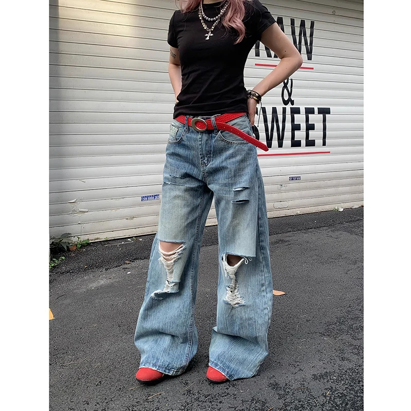 

ZHIZOU Summer High Waist Ripped Women's Blue Jeans American Vintage Streetwear Y2K Wide Leg Jean 2000s Trouser Baggy Denim Pants