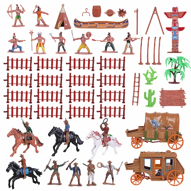 

43pcs Indian Western Cowboy Carriage Model Educational Building Decoration Toys Abundant Creative Indian Sand Table Kids Gift