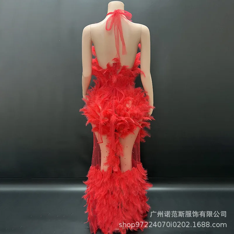 Temperament Rode Veren Sexy Backless Vakantie Jurk Engagement Banket Bruidsjurk Model Catwalk Vestidos De Envaje Roeispanen Mujer