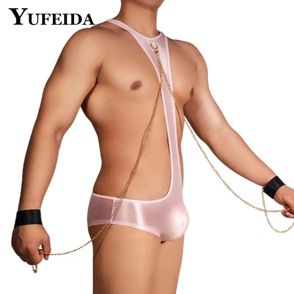 

YUFEIDA Sexy Men's Erotic Bodysuit with Harness Bracelet Detachable Chain Sheer Shinny Bulge Bodysuits Gay Sissy Tights Jumpsuit