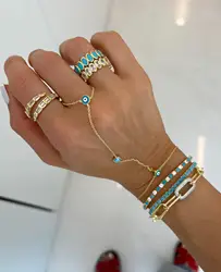 Wholesale Fashion Women Jewelry Hand Chain Gold Color Blue Enamel Evil Eye Charm Chain Bracelet