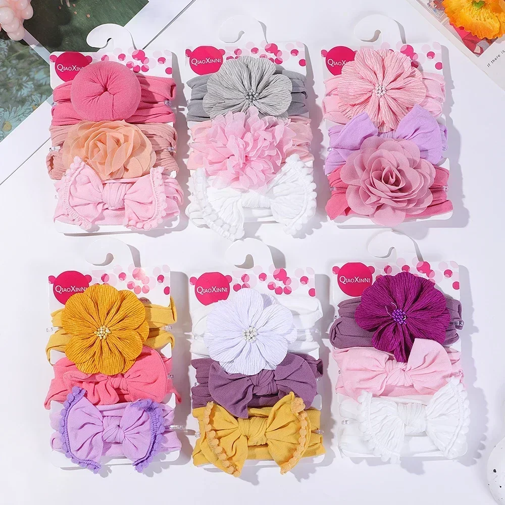 3pcs/set  Multicolor Cotton Big Flower Bowknot Headband Baby Girls 2024 Turban Kids Headwear Hair Accessories Birthday Gift