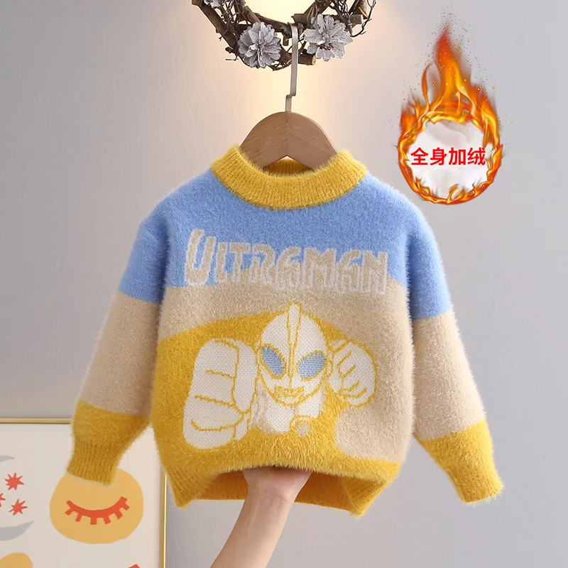 

Boys' Autumn and Winter Sweater 2024 New Children's Ultraman Clothes Knitwear Children Pullover Top Fleece-lined