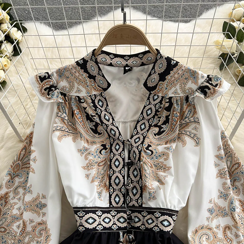 Women Dresses Spring Summer 2022 Runway Fashion Paisley Print Vintage Dress V Neck Long Lantern Sleeve Belted Mini Dress 1991