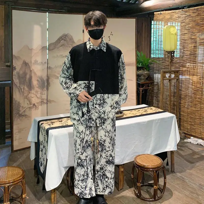 

Men's Chinese Style Mandarin Collar Shirt & Pants Set Traditional Knot Button Long Sleeve Outfit - Asian Inspired Casual Elegant