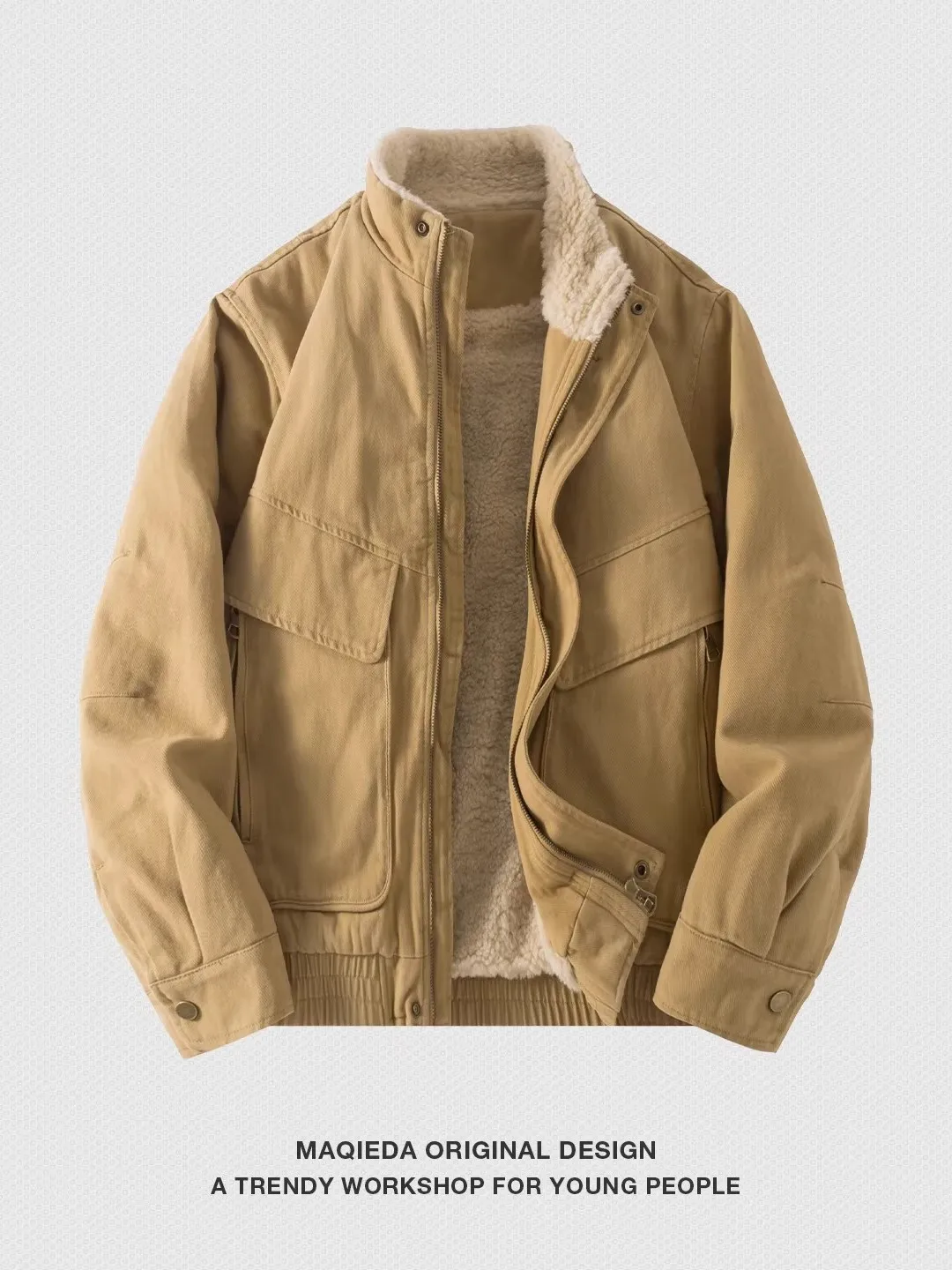 

Retro American Sle Men's Cotton Jaet Stand Collar Lamb Velvet Lined Warm Loose Workwear Sle Cotton Coat Outerwear