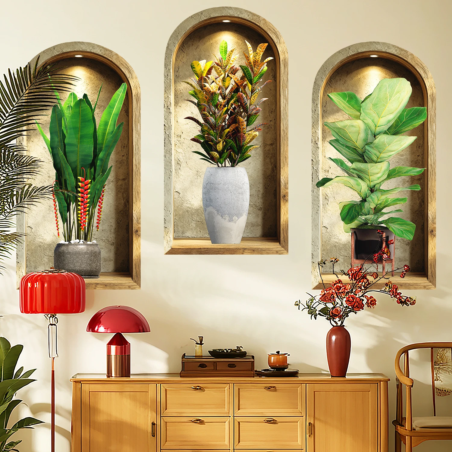 3pcs/set Green Plants Simulated Archway Niche Potted Plant Painting Wall Stickers Bedroom Peel & Stick Art Mural Wallpaper