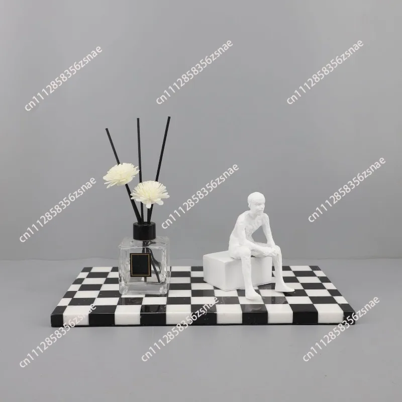 Modern simple black and white grid rectangular marble jewelry storage tray ornament living room bedroom home decoration