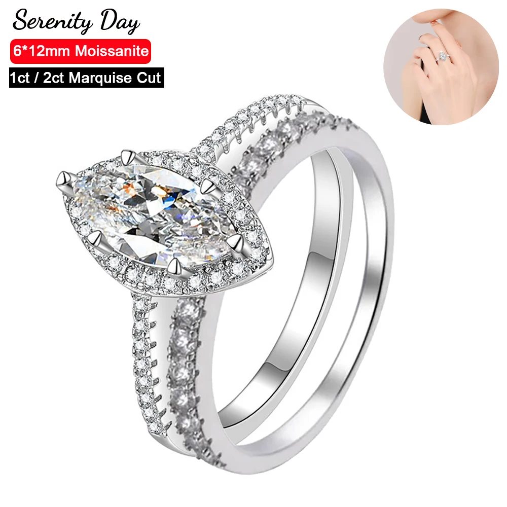 Serenity Day 1ct/2ct Real D Color 6*12mm Marquise Cutting Moissanite Wedding Rings For Women Gift S925 Silver Bands Fine Jewelry