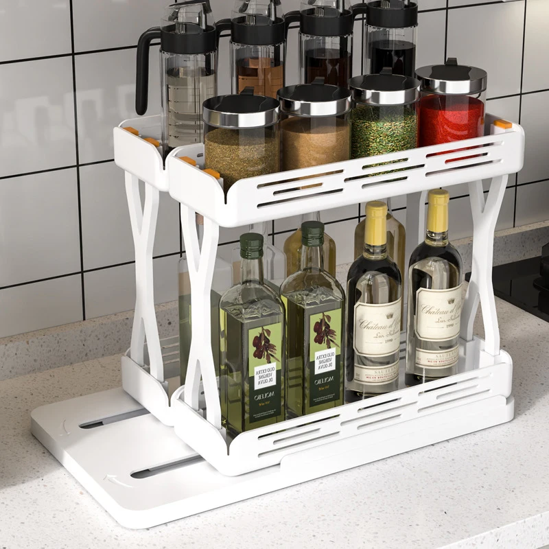 

Kitchen Storage Shelf 2 Tier Rotating Pull Out Spice Holders Space-saving and Easy Take Out Multi-function Bedroom Makeup Shelf