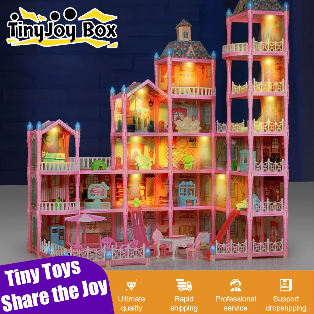 DIY Speelhuis Kasteel Speelgoed Assemblage Cartoon Scène Simulatie Met Licht Meubilair Stevige Villa Bouwstenen Speelgoed voor Meisje Cadeau