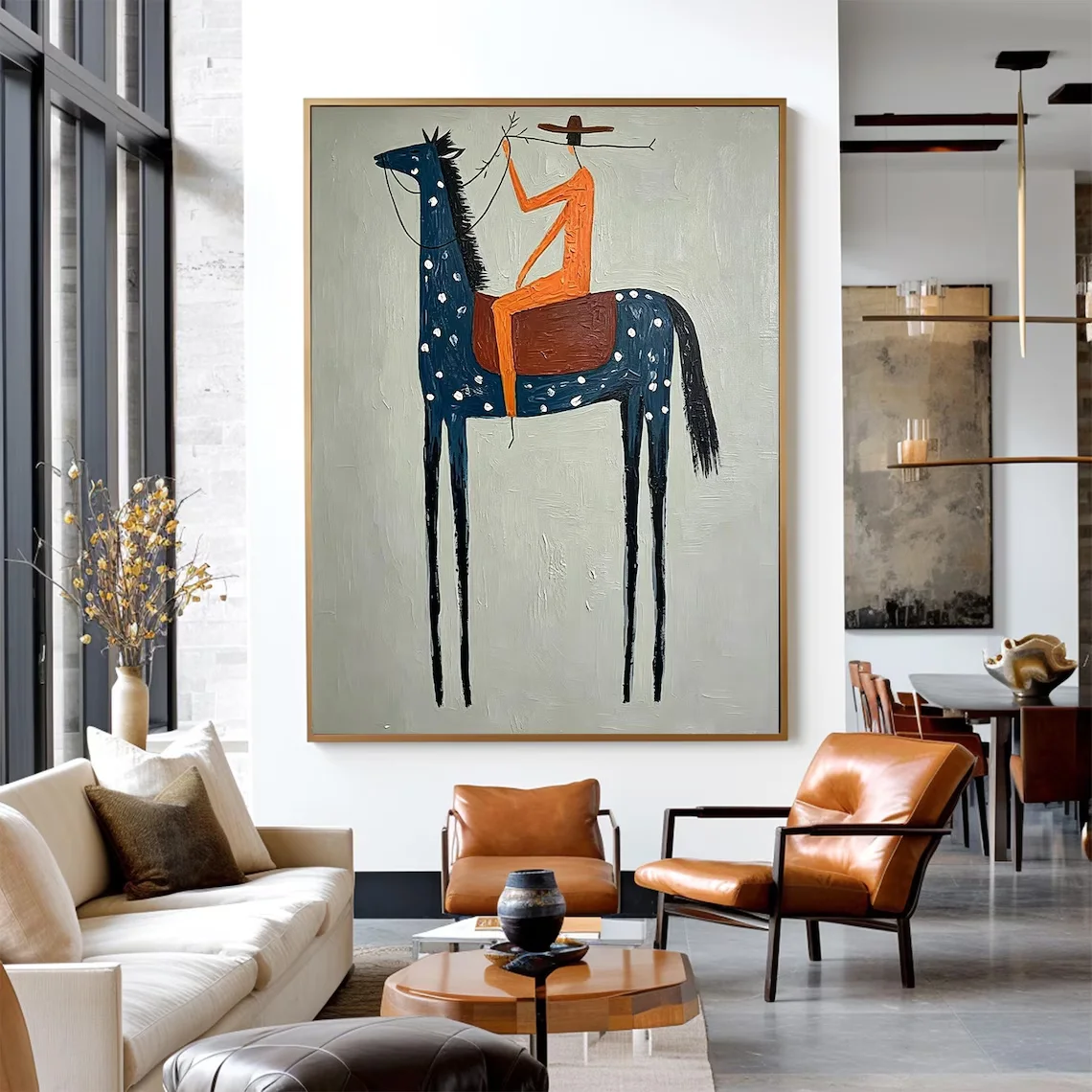 Modern Horse Original Oil Painting, Hand-Painted Minimalist Vintage Figurative Canvas for Living Room, Large Equestrian Wall Art