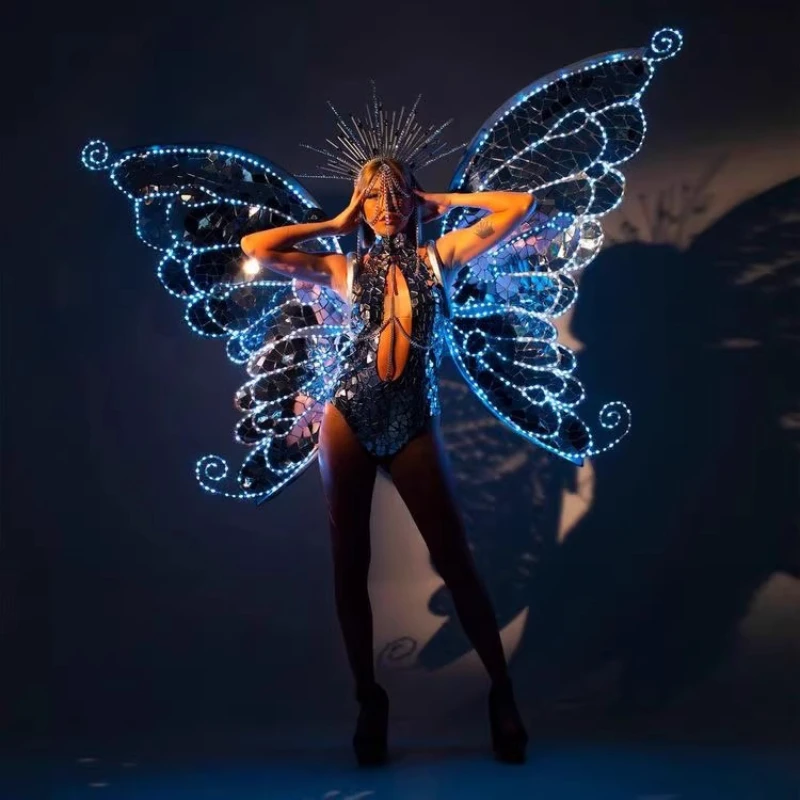 

LED Glowing Mirror Butterfly Wings Sexy Women Outfit Nightclub Party DJ Bar Stage Costume Halloween Festvial Cosplay Suit
