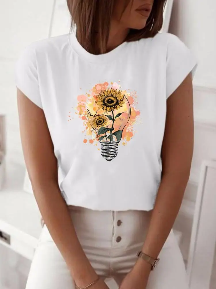 Fashion Shirt Bike Flower Trend Lovely Lady Short Sleeve Print Clothes Women Spring Summer Female Tee Graphic T-shirt