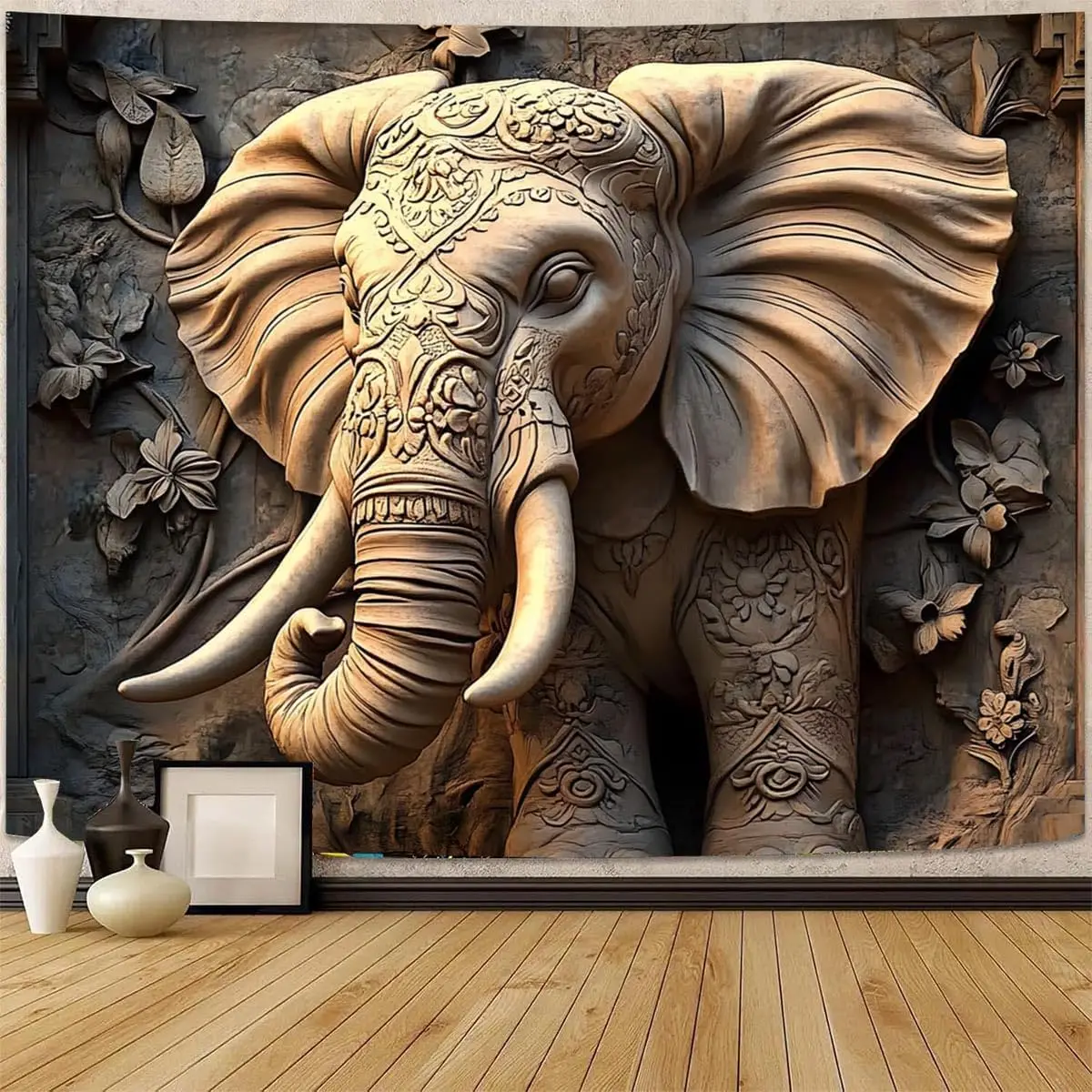 Animal Psychedelic Elephant Tapestry Vintage Elephant Wall Tapestries Aesthetic Stone Carving Wall Hanging for Bedroom Living