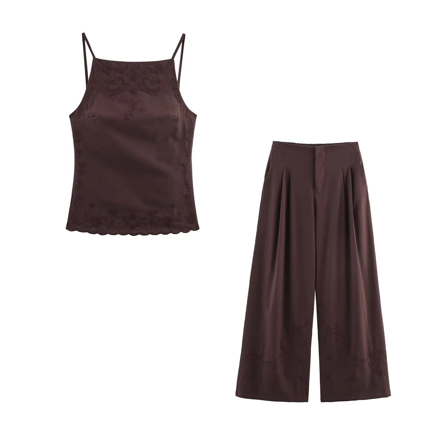 

Fashionable Embroidered Vacation Style Sexy Bareback Flat Mouth Embroidered Small Strap+Embroidered Wide Leg Pants Set