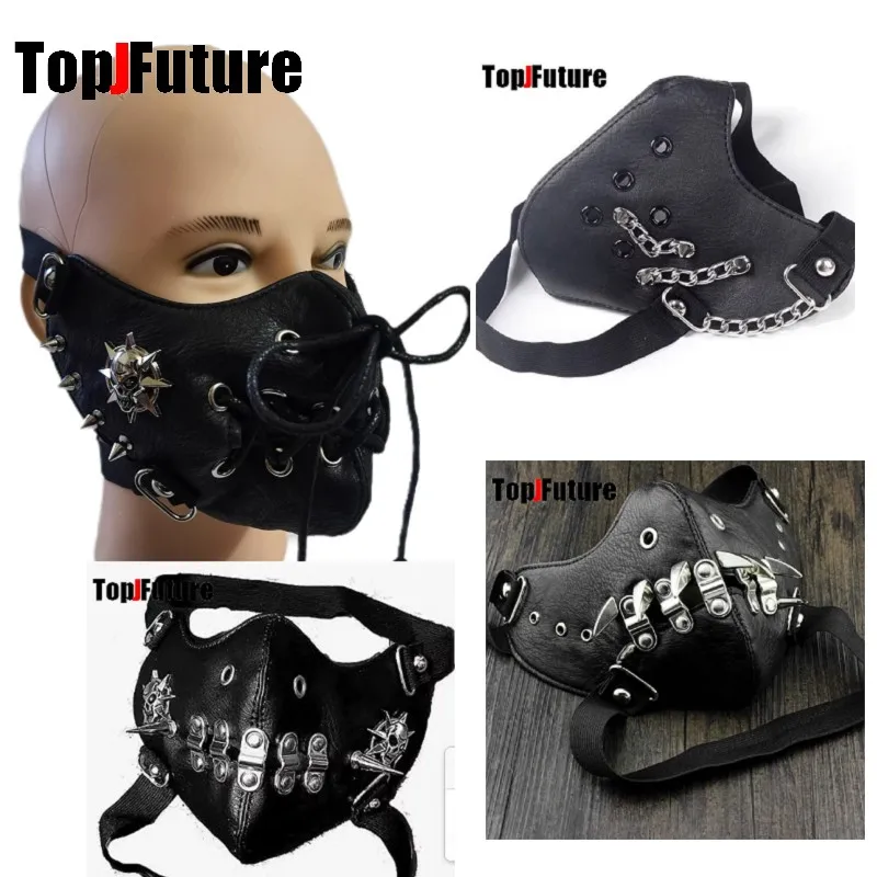 Mask Collec Subculture Y2K Girls mask punk PU leather chain Men's  Women's Fashion Campus Decoration visor personality Face Mask