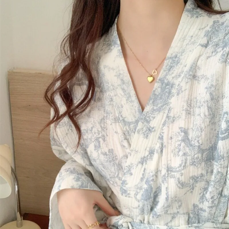 New Women's Mid-Length Spring/Fall Nightgown: Sweet-Style Morning Gown, Luxurious Floral-Print Tie-Front Bathrobe, Plus Size