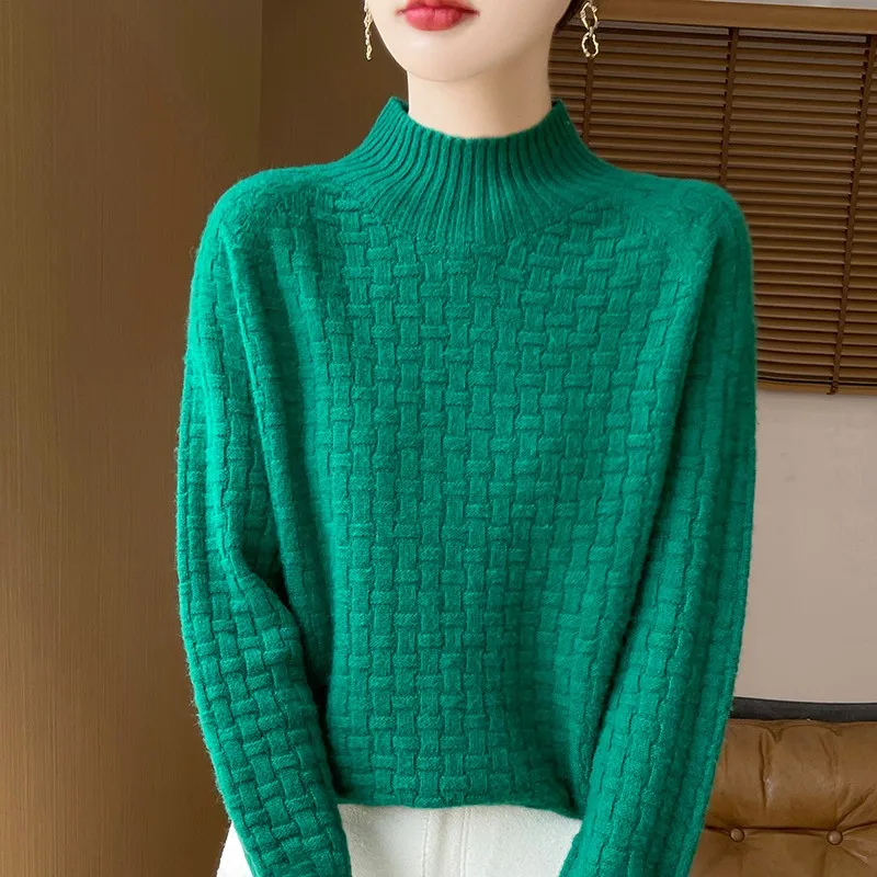 Autumn Winter Women Pullovers 100% Merino Wool Sweater Thick Warm Mock Neck Twist Casual Cashmere Knitwear Korean Fashion Tops