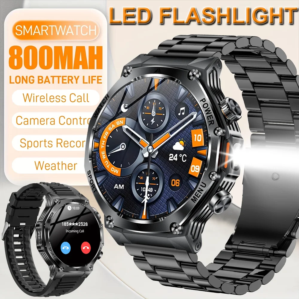 DAORKOW 2025 New Sports Smart Watch 800mAh Battery 1.8-Inch HD AMOLED Wireless Talk LED Flashlight Stainless Steel Strap