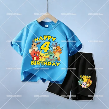 Cute Pikachu Birthday Kids Clothes Set Pokemons Number T Shirt Shorts 2pcs Children Tracksuit Summer Cartoon Boy Sportswear Suit 5